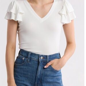 1. State White Ribbed Ruffle Sleeve Blouse